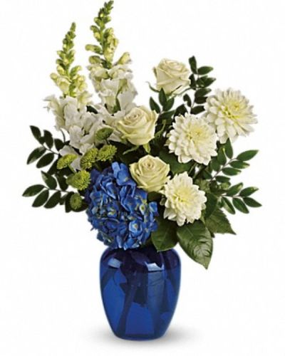 <div class="m-pdp-tabs-description">
<div id="mark-2" class="m-pdp-tabs-marketing-description">Sending this brilliant blue and white bouquet will surely garner oceans of appreciation from whoever receives it.</div>
</div>
<p id="arrngDescp">Dazzling blue hydrangea, green roses and button spray chrysanthemums, divine white dahlias and snapdragons plus huckleberry arrive in a striking cobalt vase.</p>