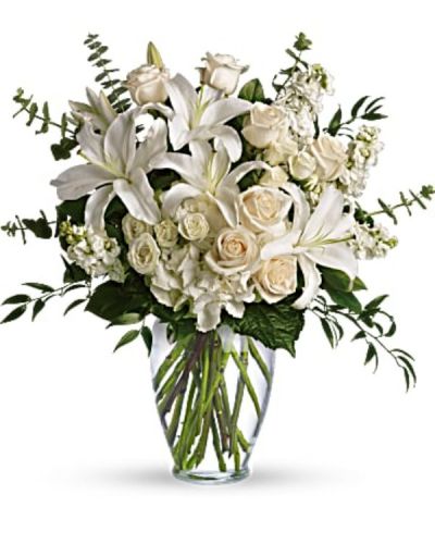 <div id="mark-3" class="m-pdp-tabs-marketing-description">A dreamy bouquet of white sympathy flowers is a comforting reminder of your love. The lush arrangement of soft colors is delivered in a majestic, tall glass vase.</div>
<div id="desc-3">
<ul>
<li>This gorgeous bouquet overflows with white hydrangea, crème roses, white spray roses, white oriental lilies, white stock, spiral eucalyptus, salal and Italian ruscus in a classic glass vase.</li>
</ul>
</div>