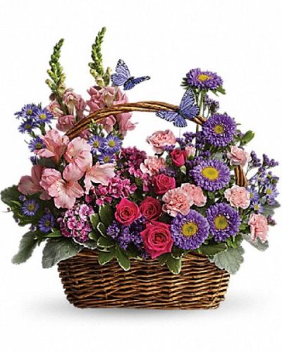 <div class="m-pdp-tabs-description">
<div id="mark-1" class="m-pdp-tabs-marketing-description">Talk about a bountiful basket! This wicker basket is overflowing with beauty and blossoms. It's no wonder two pretty butterflies have made this basket their home.</div>
</div>
<p id="arrngDescp">Hot pink spray roses, light pink alstroemeria, snapdragons and miniature carnations, dark pink Sweet William, purple matsumoto asters, large monte cassino asters, statice and pittosporum fill a pretty picnic-like basket. You've got this gift handled!</p>