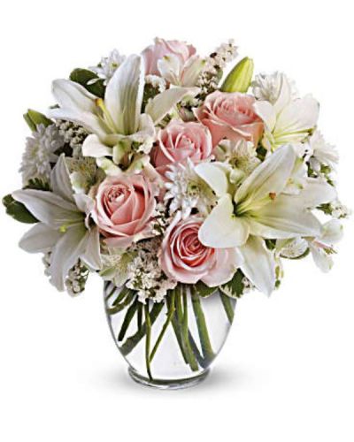 <div id="mark-3" class="m-pdp-tabs-marketing-description">Express your love with the eloquence of Shakespeare - without saying a word. She'll adore this exquisite bouquet of roses and lilies and other pastel favorites in a classic ginger vase. And she'll know just the words to let you know.</div>
<p>&nbsp;</p>
<div id="desc-3">
<ul>
<li>Light pink roses, white asiatic lilies, white alstroemeria and white cushion spray chrysanthemums are mixed with white statice and variegated pittosporum in a clear, rounded vase.</li>
</ul>
</div>